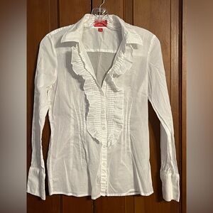 Oscar de la Renta Size 6 White Ruffle Front Button Up Blouse